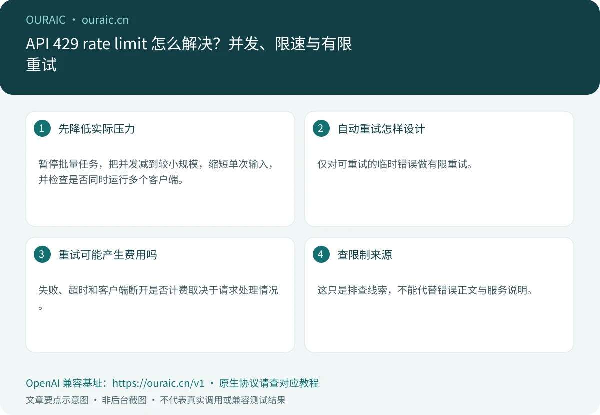 API 429 rate limit 怎么解决?并发、限速与有限重试,OuraiC 配置与检查要点示意图